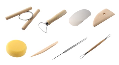 Image of Set of pottery tools on white background