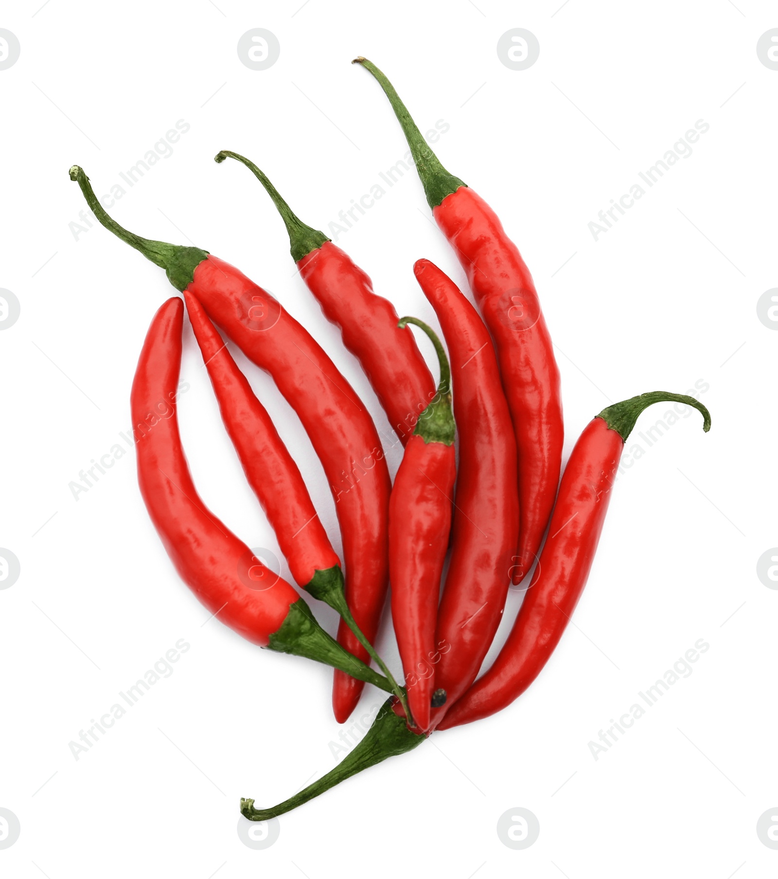 Photo of Red hot chili peppers isolated on white, top view