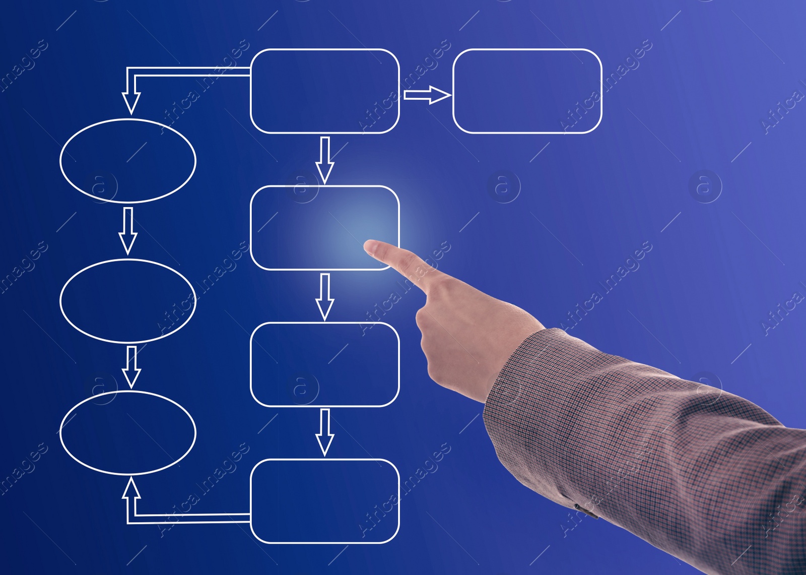 Image of Woman pointing at flowchart on virtual screen against blue background, closeup. Business process