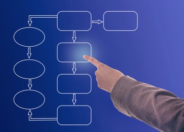 Image of Woman pointing at flowchart on virtual screen against blue background, closeup. Business process