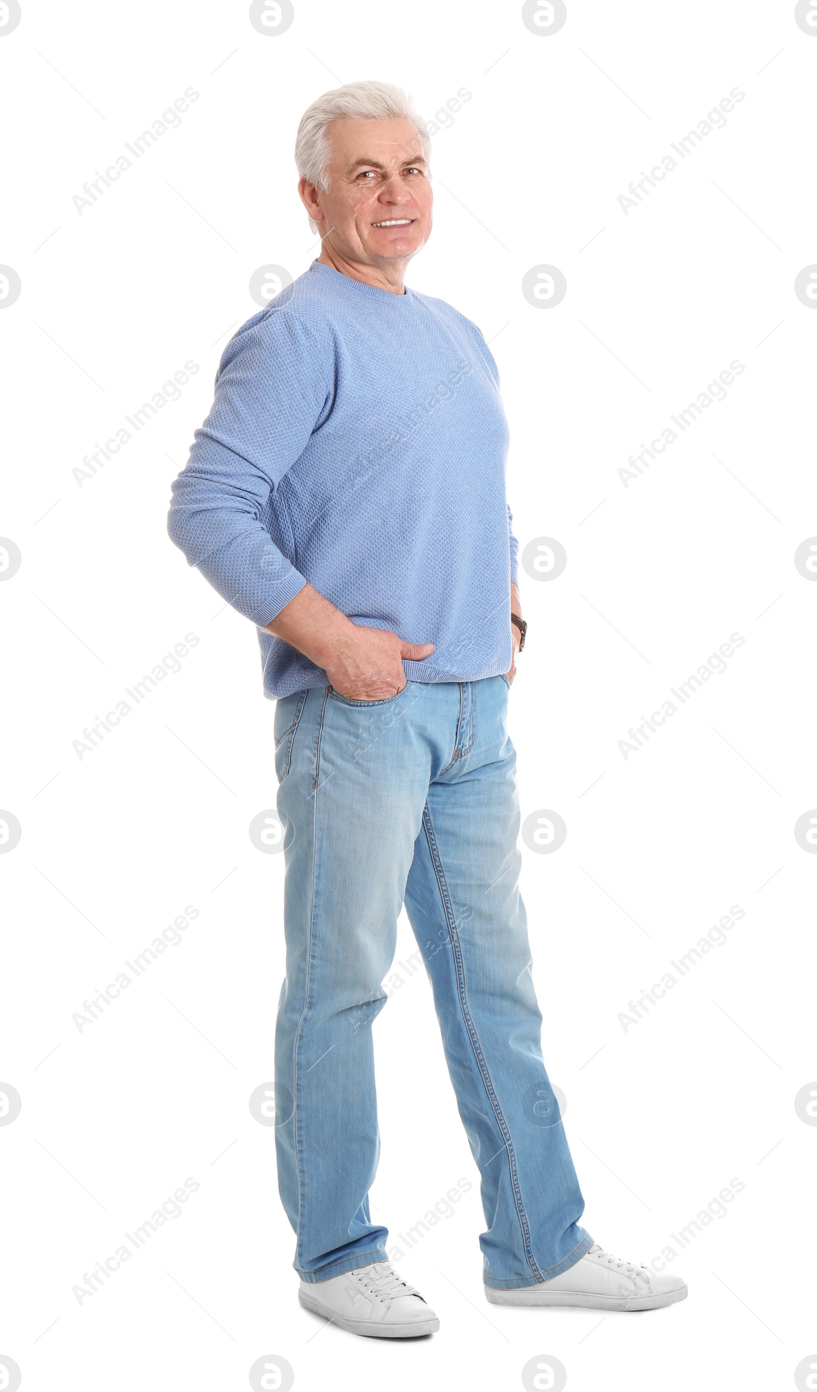 Photo of Handsome mature man in stylish clothes on white background