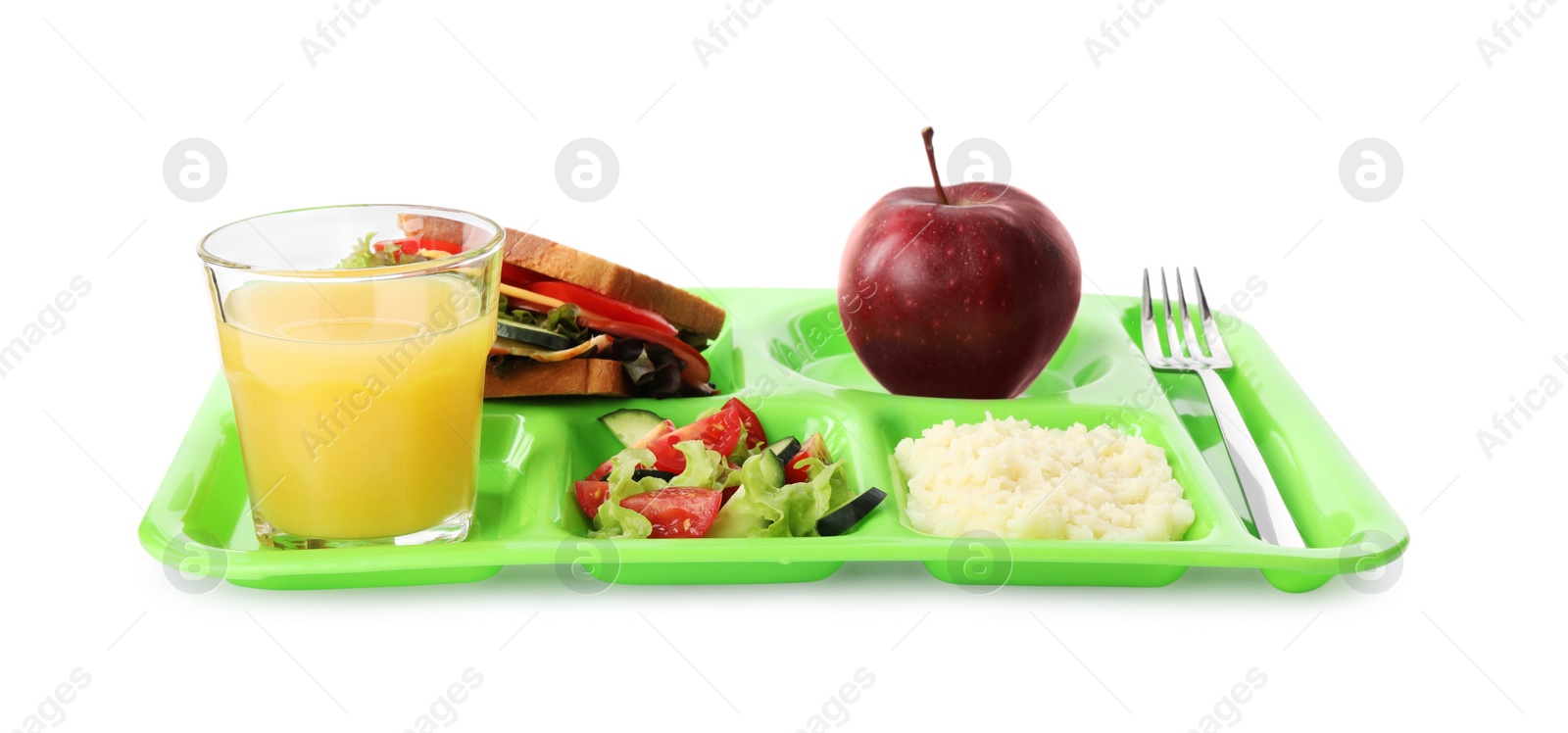 Photo of Tray with tasty food and juice on white background. School lunch