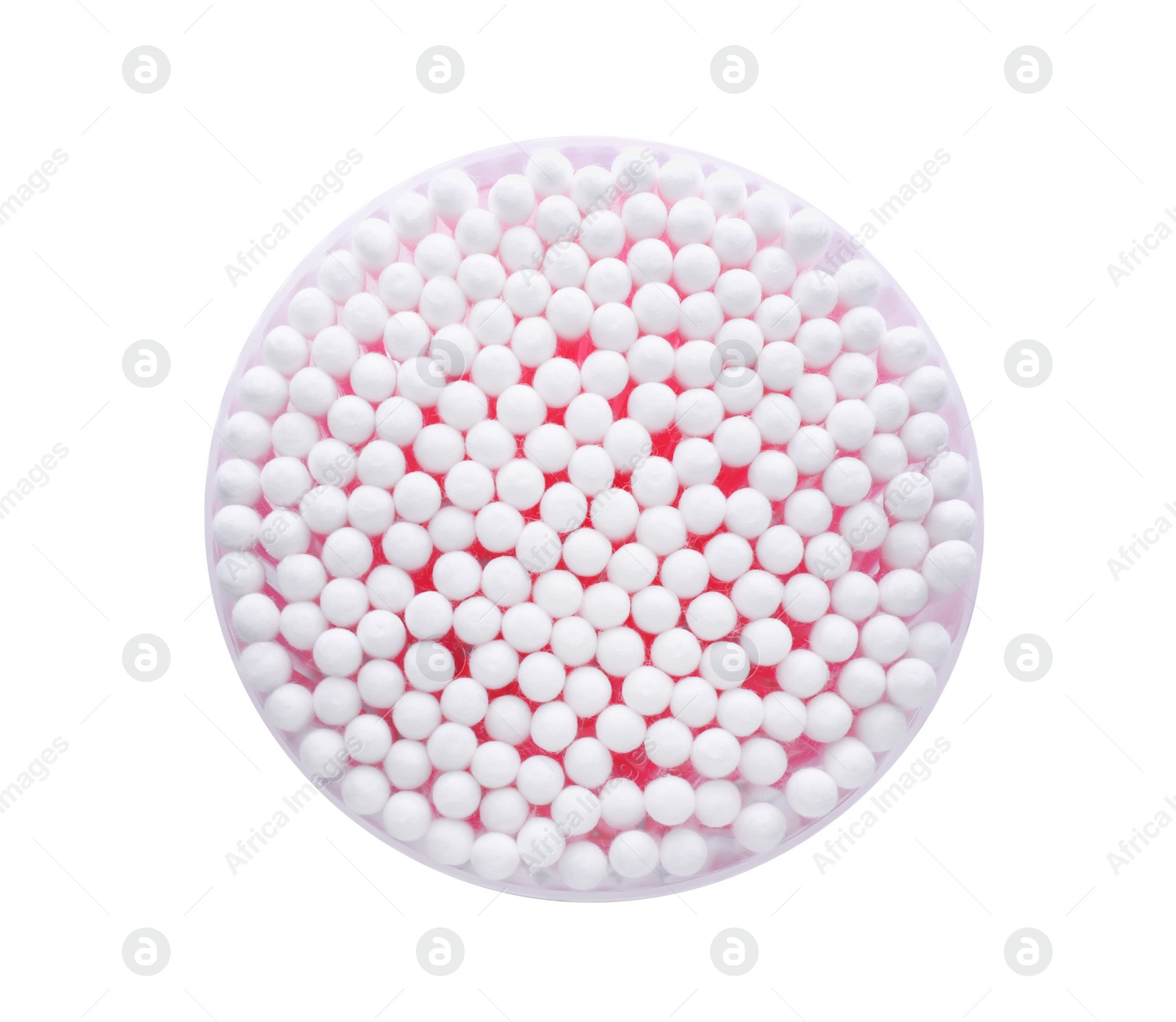 Photo of Cotton buds in plastic container isolated on white, top view