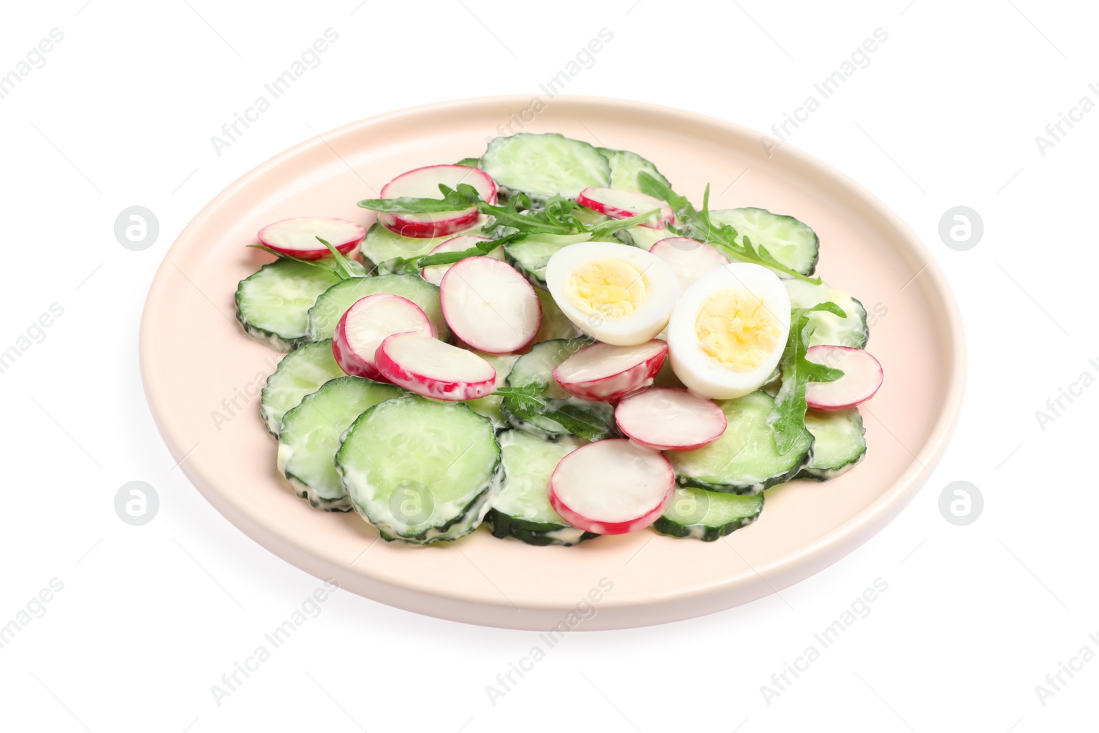 Photo of Tasty fresh salad with cucumber isolated on white