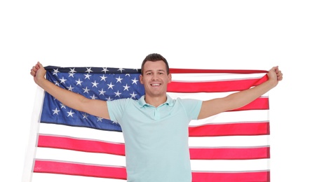 Photo of Portrait of man with American flag on white background