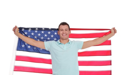 Portrait of man with American flag on white background