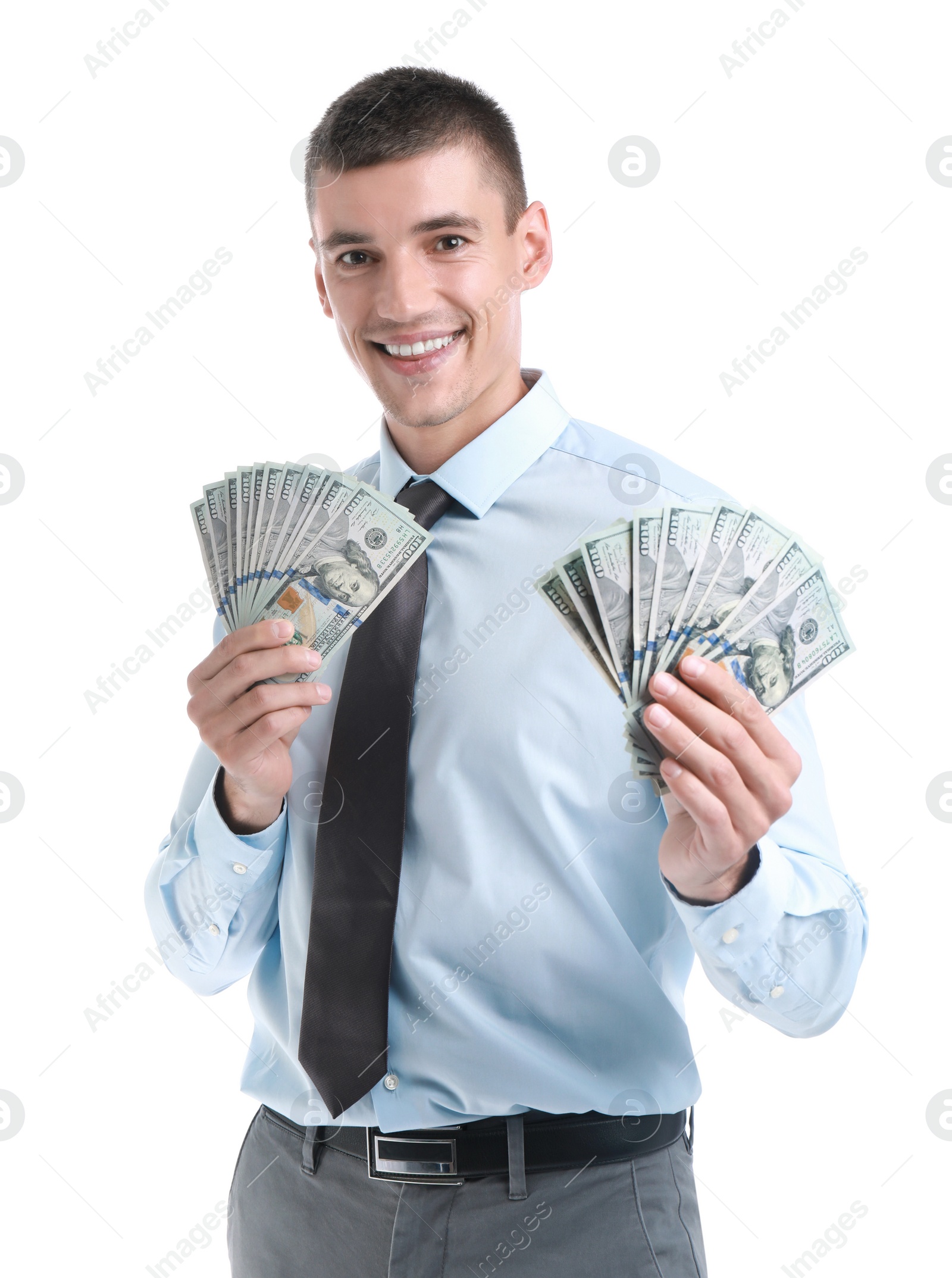 Photo of Handsome businessman with dollars on white background