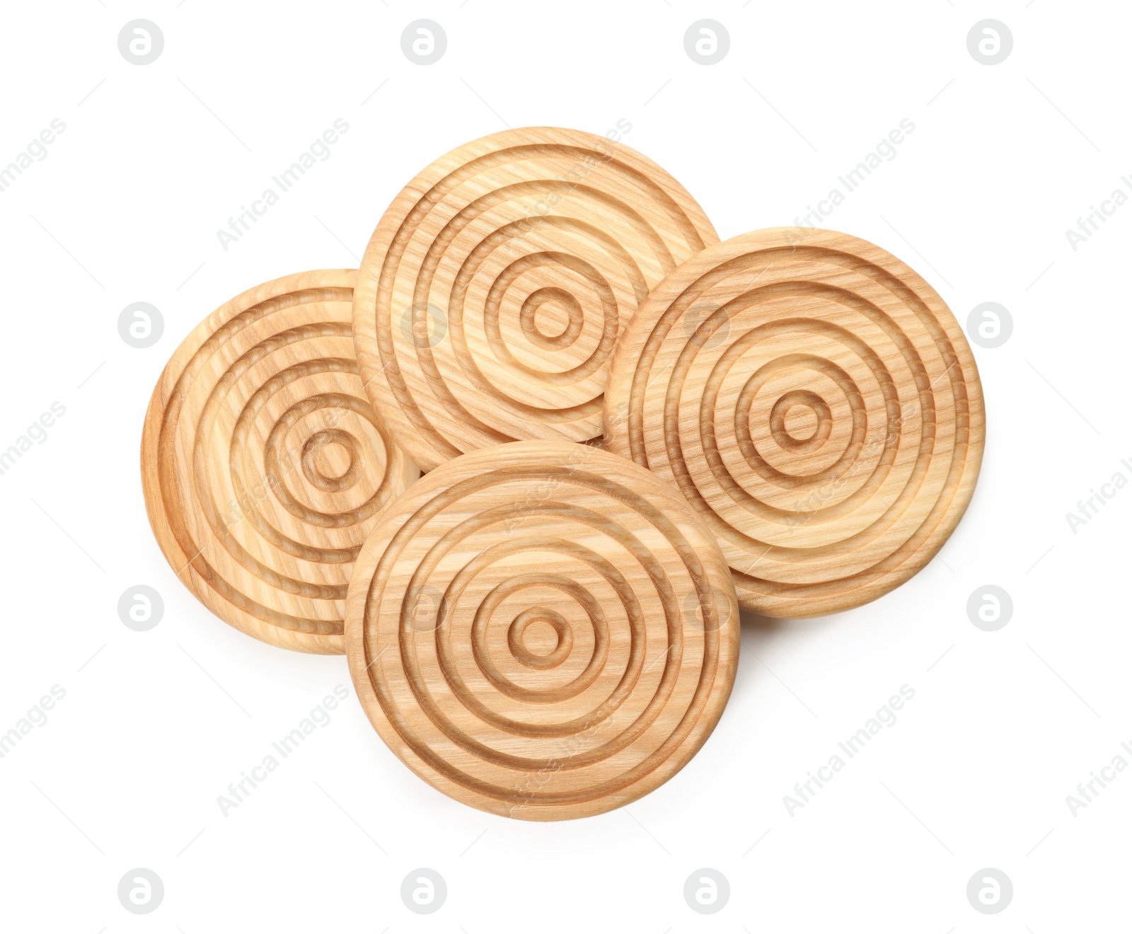 Photo of Wooden cup coasters on white background, top view