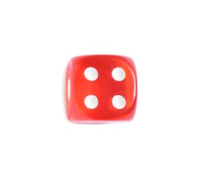 Photo of One red game dice isolated on white, top view