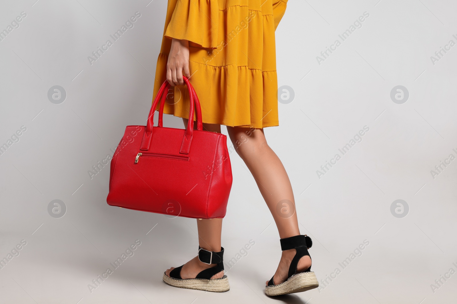 Photo of Young woman with stylish bag on white background, closeup