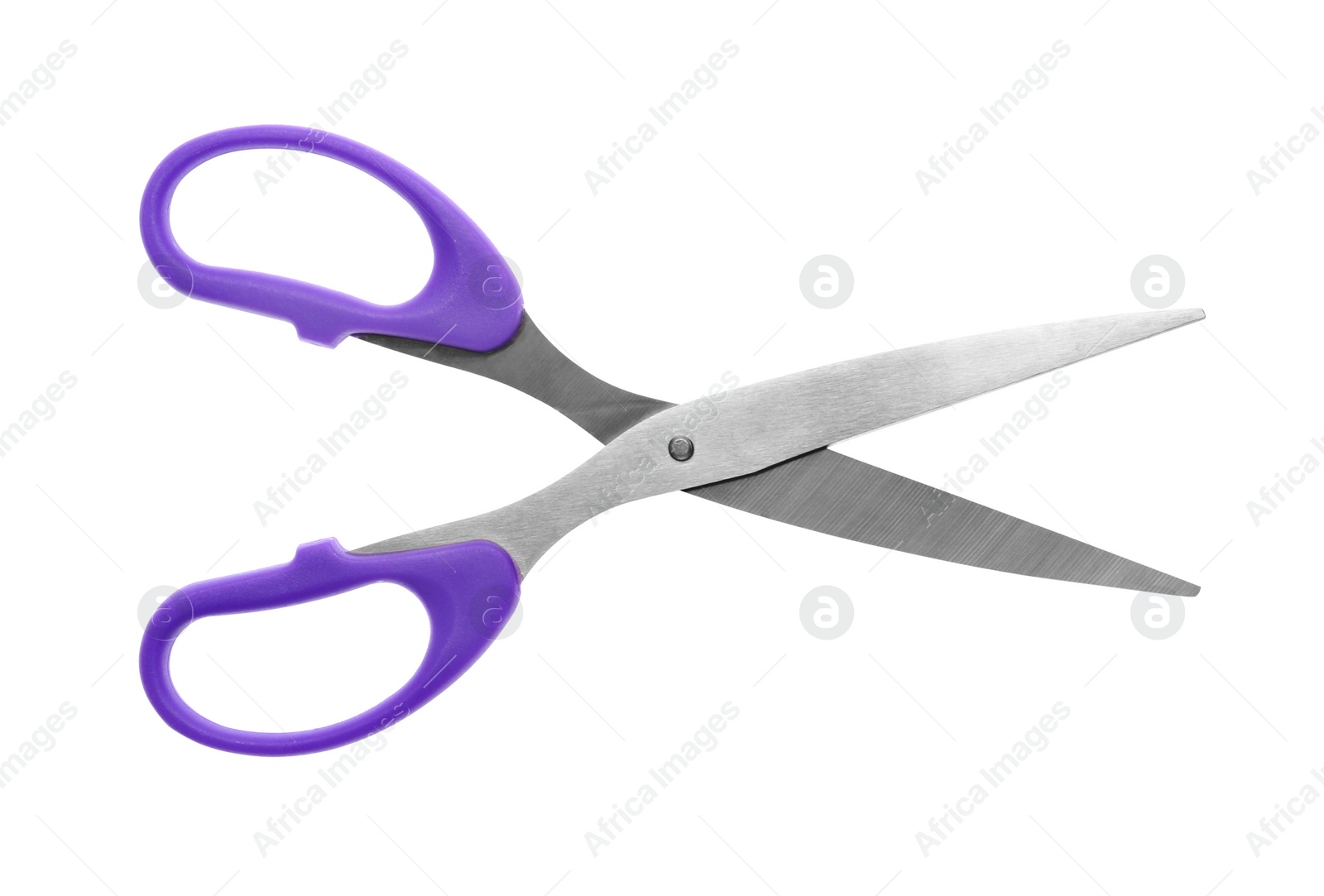 Photo of Office scissors with color handle isolated on white, top view