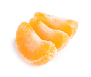 Photo of Pieces of ripe tangerine on white background