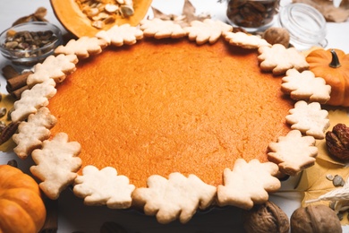 Delicious homemade pumpkin pie on table, closeup