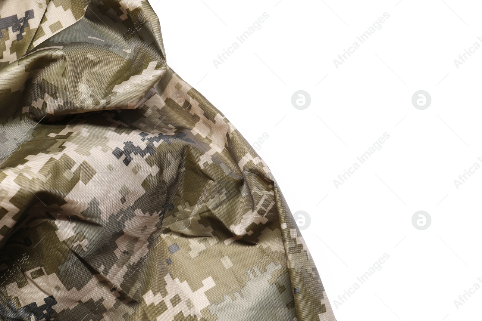 Photo of Camouflage fabric isolated on white, top view