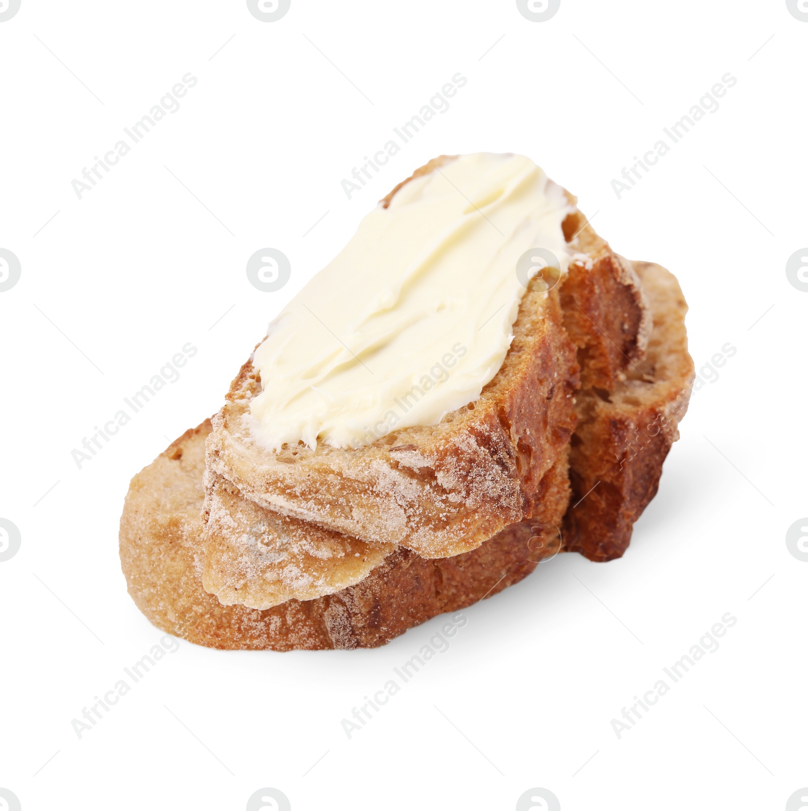 Photo of Slices of tasty bread with butter isolated on white