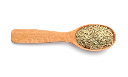 Photo of Wooden spoon with dried rosemary on white background. Different spices