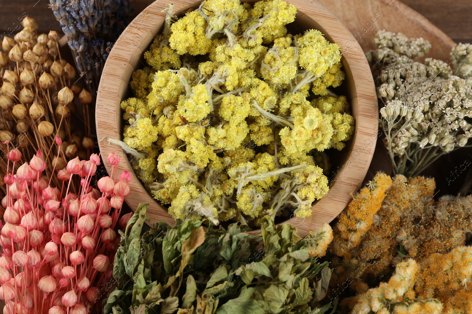 Photo of Many different dry plants and flowers on table, top view