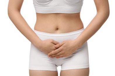 Photo of Woman suffering from cystitis on white background, closeup