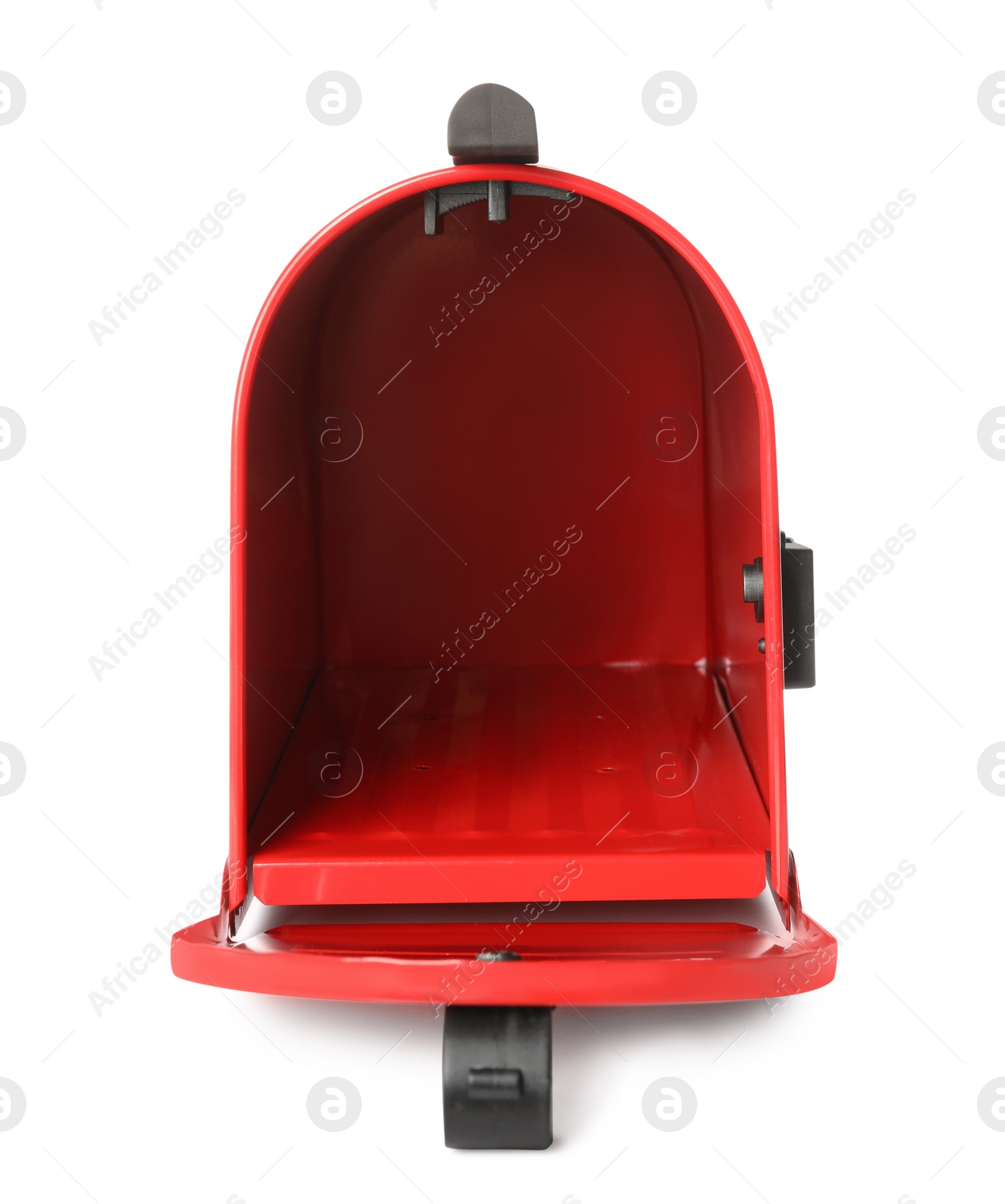 Photo of Open red letter box with correspondence on white background