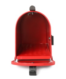 Photo of Open red letter box with correspondence on white background