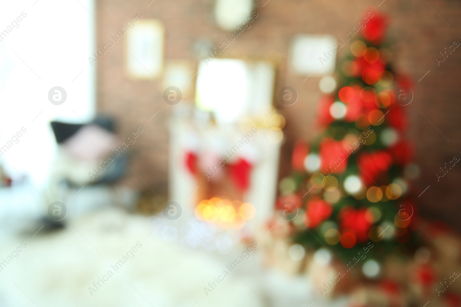 Photo of Blurred view of room with beautiful Christmas tree