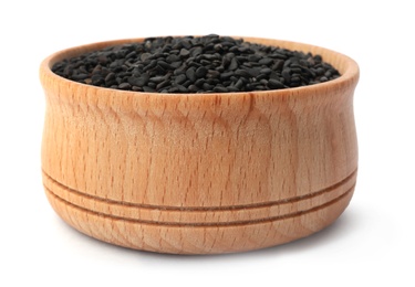 Photo of Wooden bowl with black sesame on white background. Different spices
