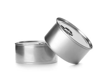 Mockup of tin cans with food on white background