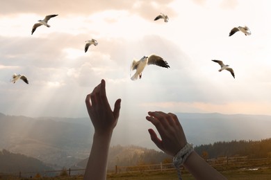 Image of Freedom. Woman with ripped rope and seagulls in mountains, closeup