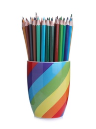 Colorful pencils in cup on white background