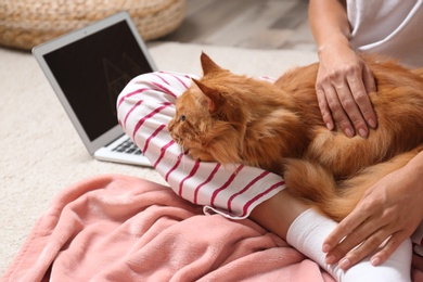 Photo of Woman with cute red cat and laptop on carpet at home, closeup view