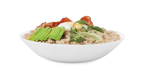 Photo of Delicious boiled oatmeal with poached egg, bacon and avocado in bowl isolated on white