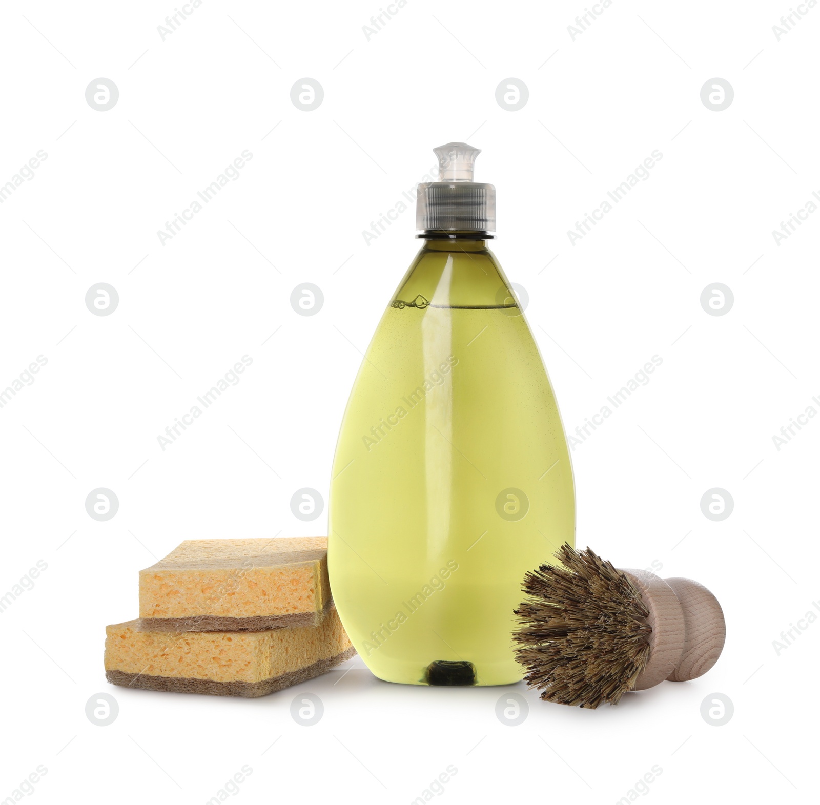 Photo of Bottle of cleaning product, brush and sponges isolated on white