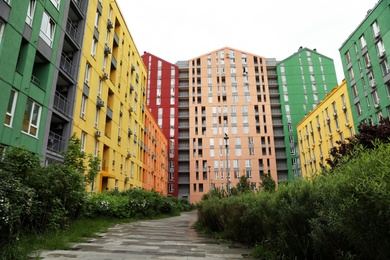 KYIV, UKRAINE - MAY 21, 2019: Modern housing estate COMFORT TOWN in Dniprovskyi district on sunny day