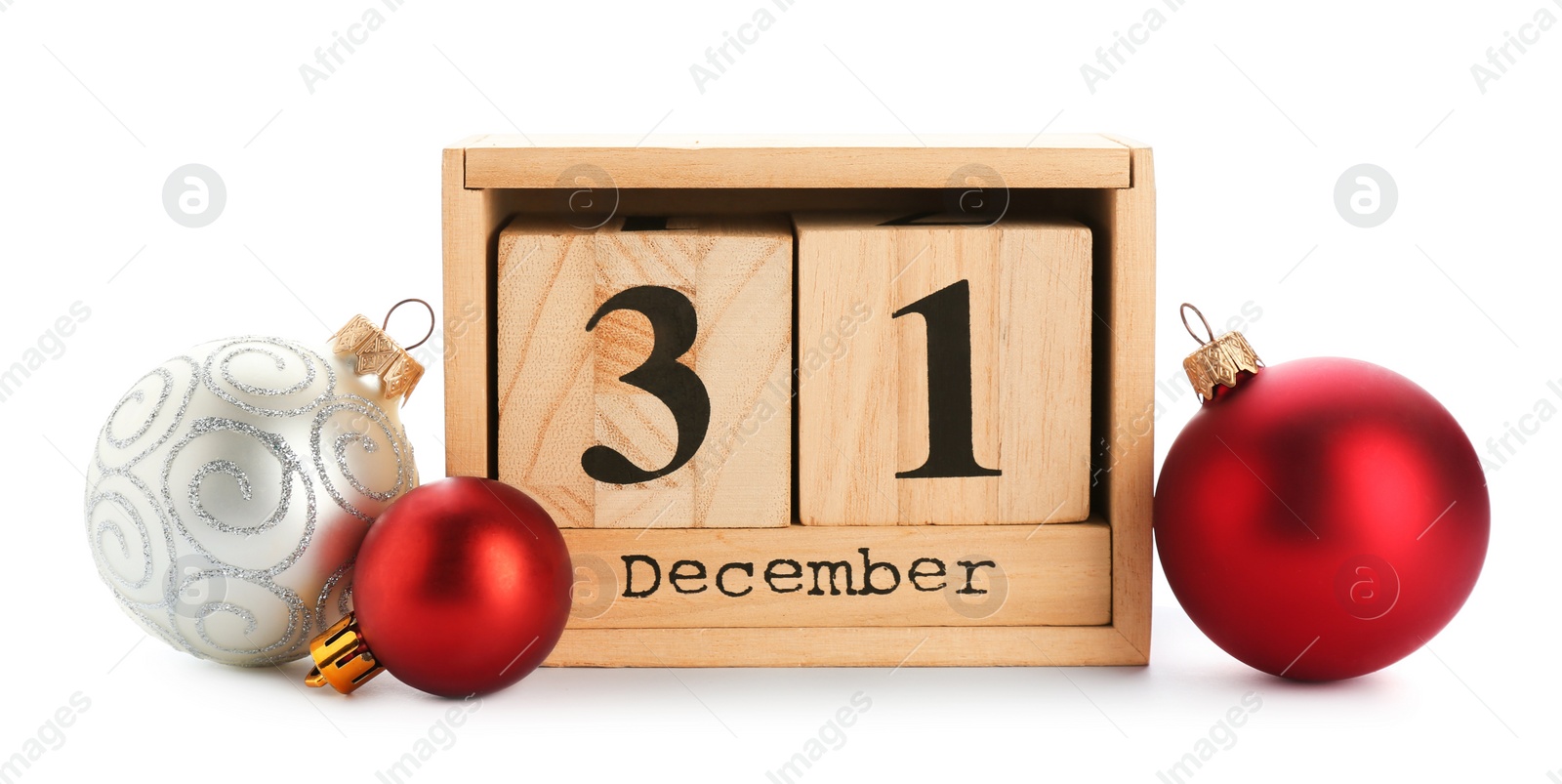 Photo of Wooden block calendar and decor on white background. Christmas countdown