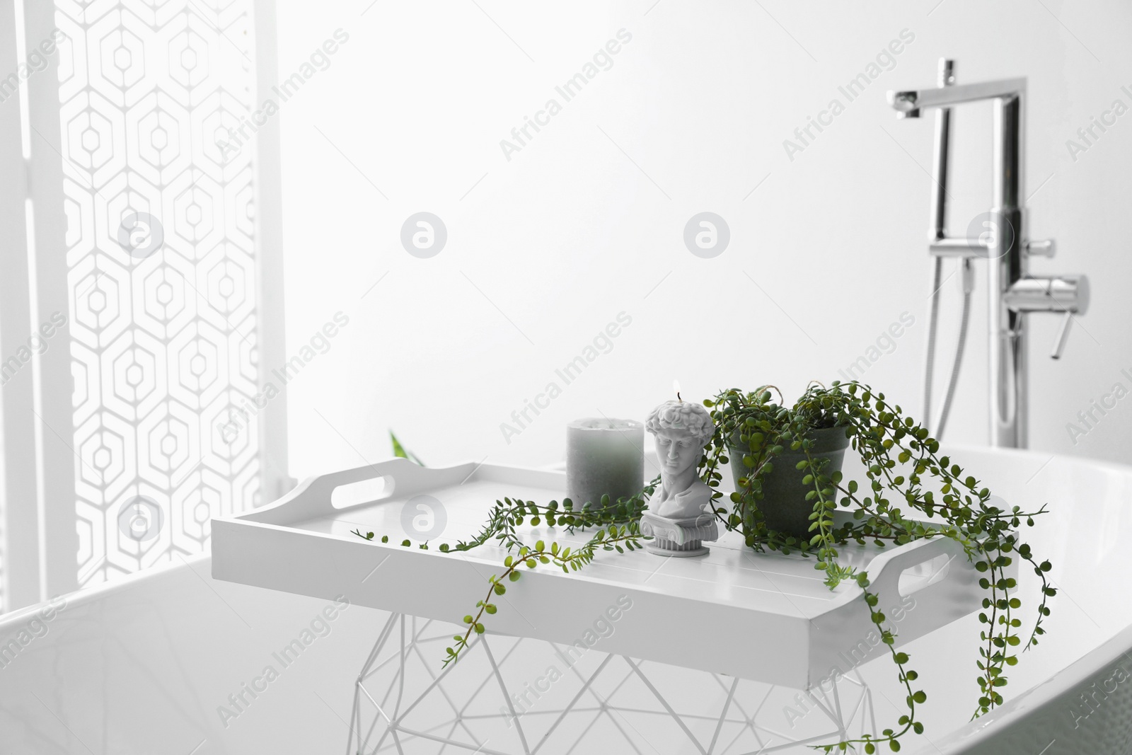 Photo of Tray with beautiful houseplant and candles on tub in bathroom. Interior design