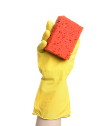 Photo of Person in rubber glove with sponge on white background, closeup of hand