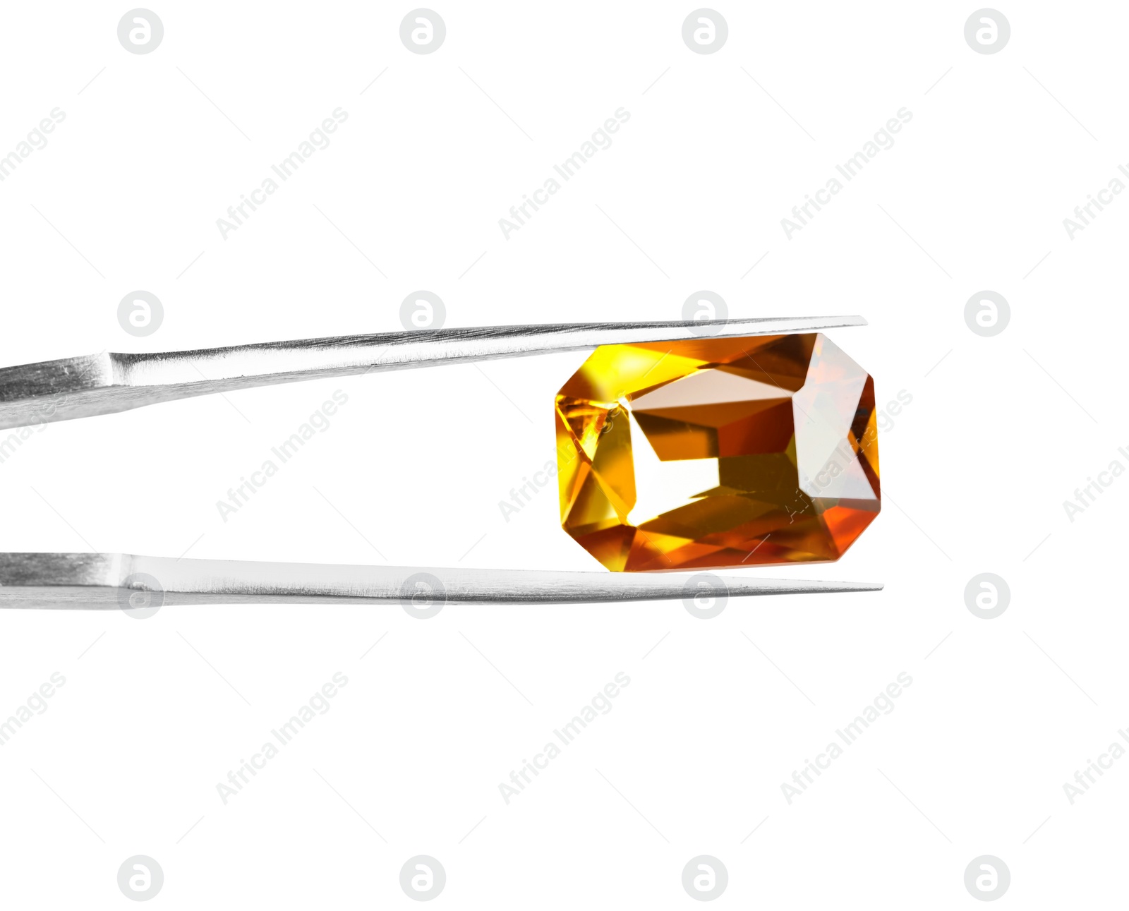 Photo of Tweezers with beautiful gemstone on white background