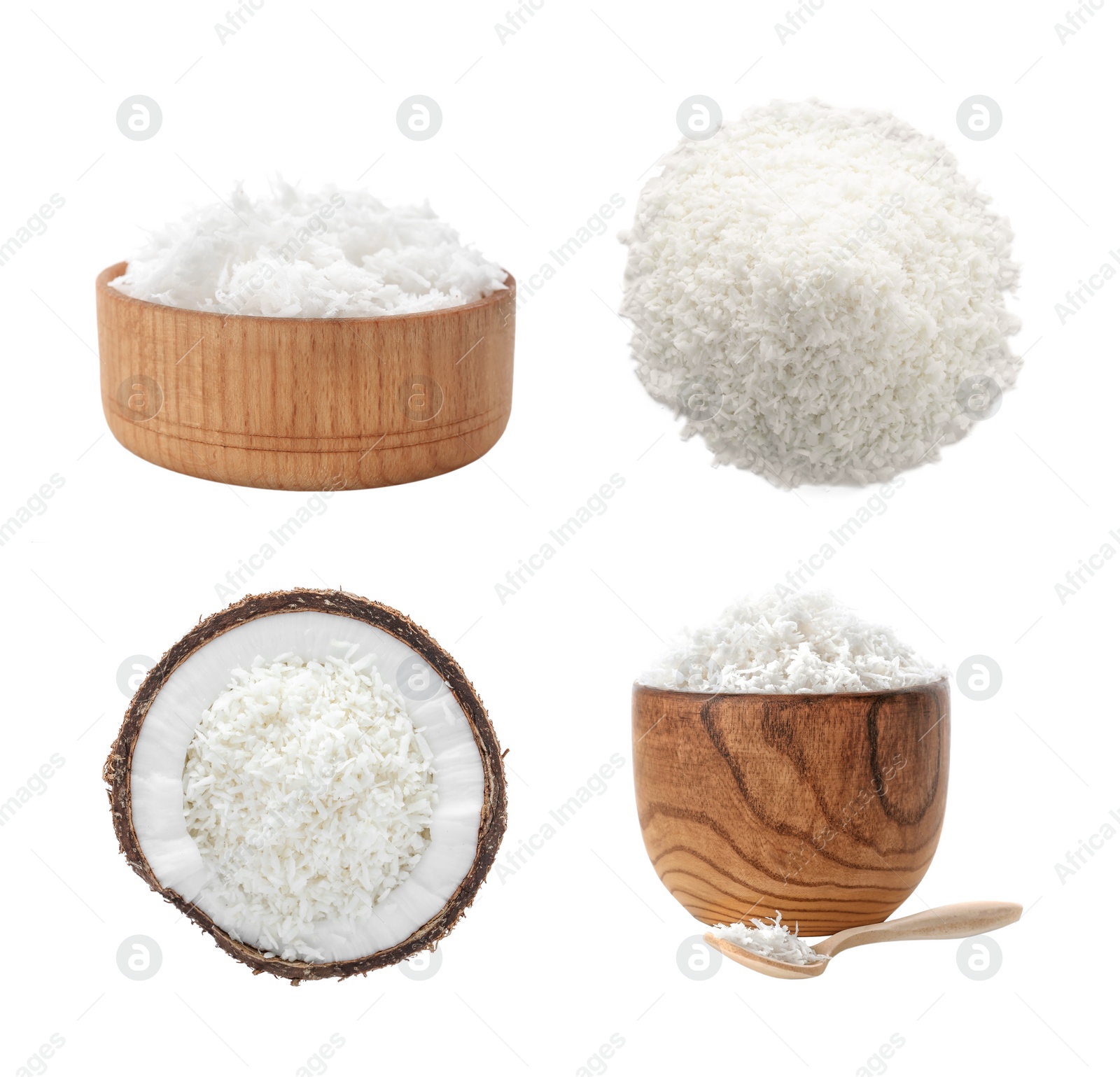 Image of Set with fresh coconut flakes isolated on white