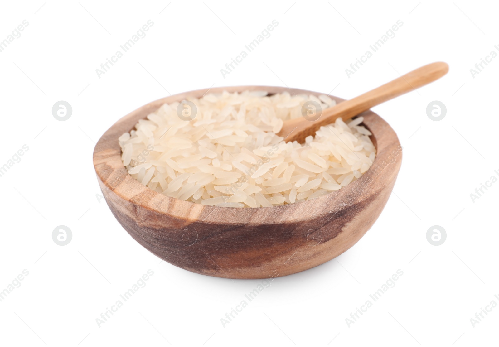 Photo of Raw rice in wooden bowl isolated on white