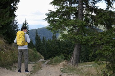 Photo of Tourist with backpack on path in forest, back view