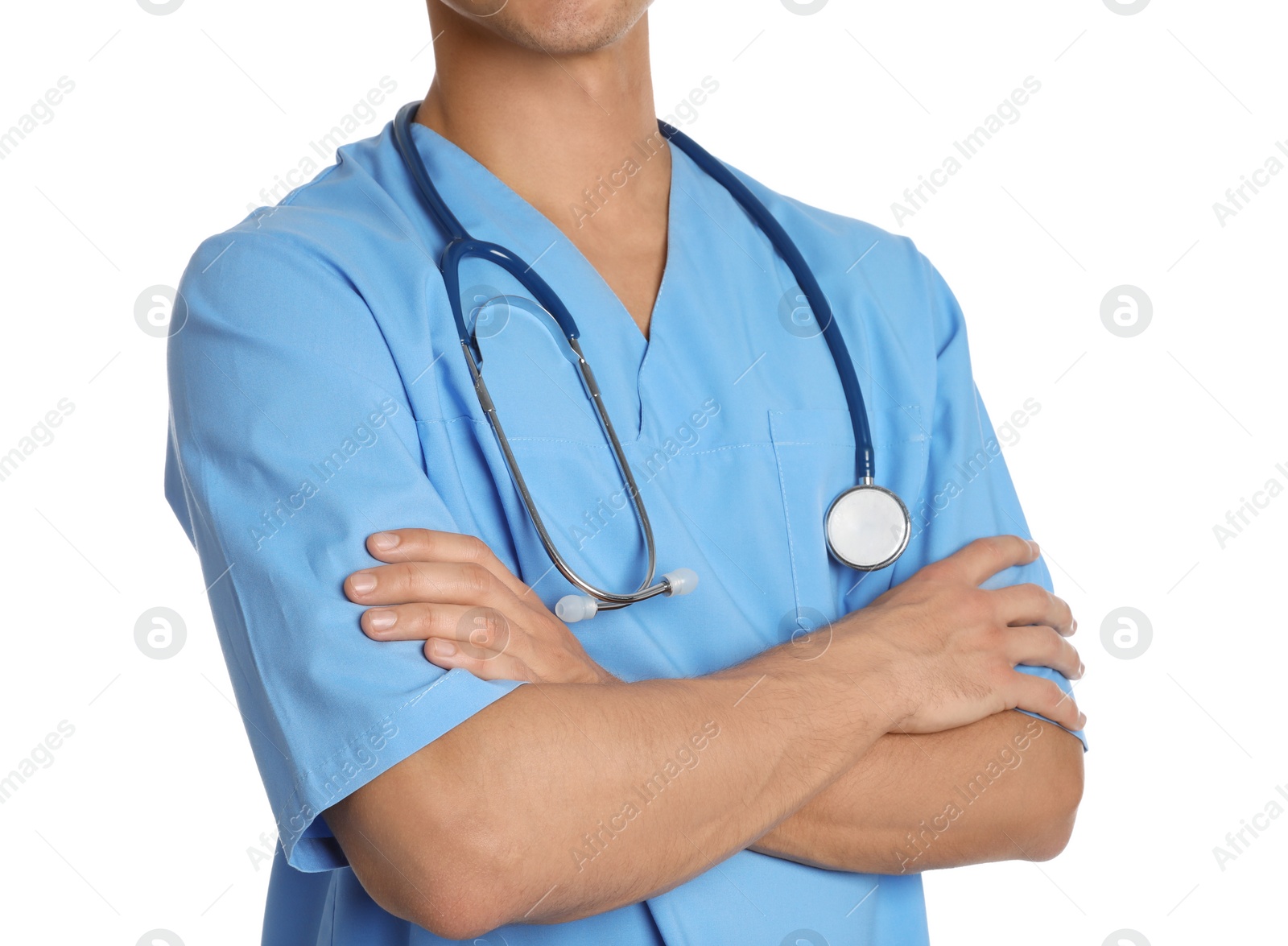 Photo of Male doctor with stethoscope on white background, closeup. Medical object