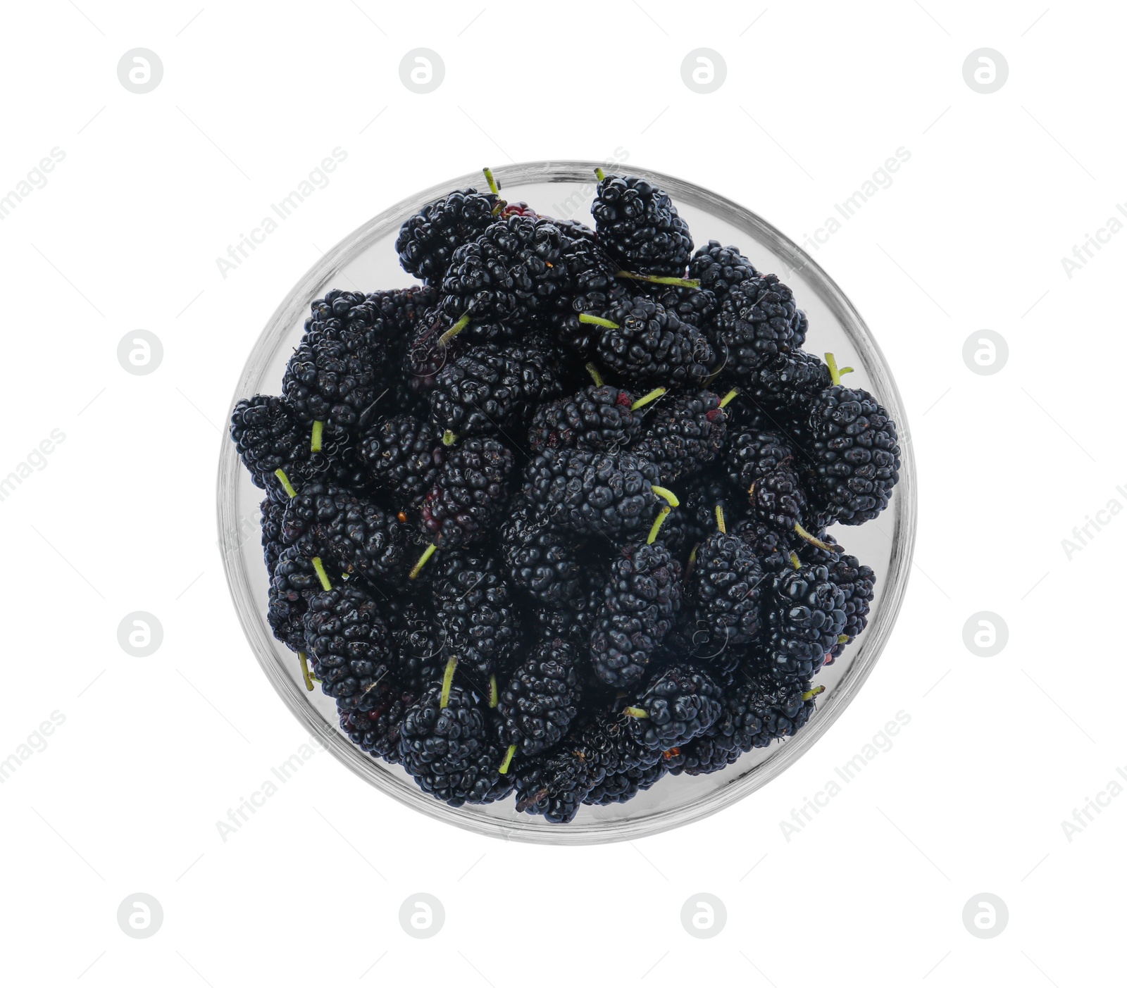 Photo of Delicious ripe black mulberries in glass bowl on white background, top view