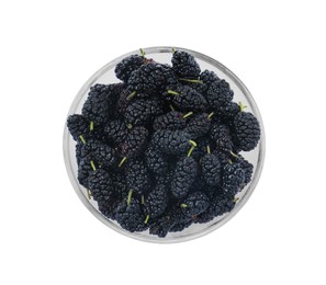 Photo of Delicious ripe black mulberries in glass bowl on white background, top view