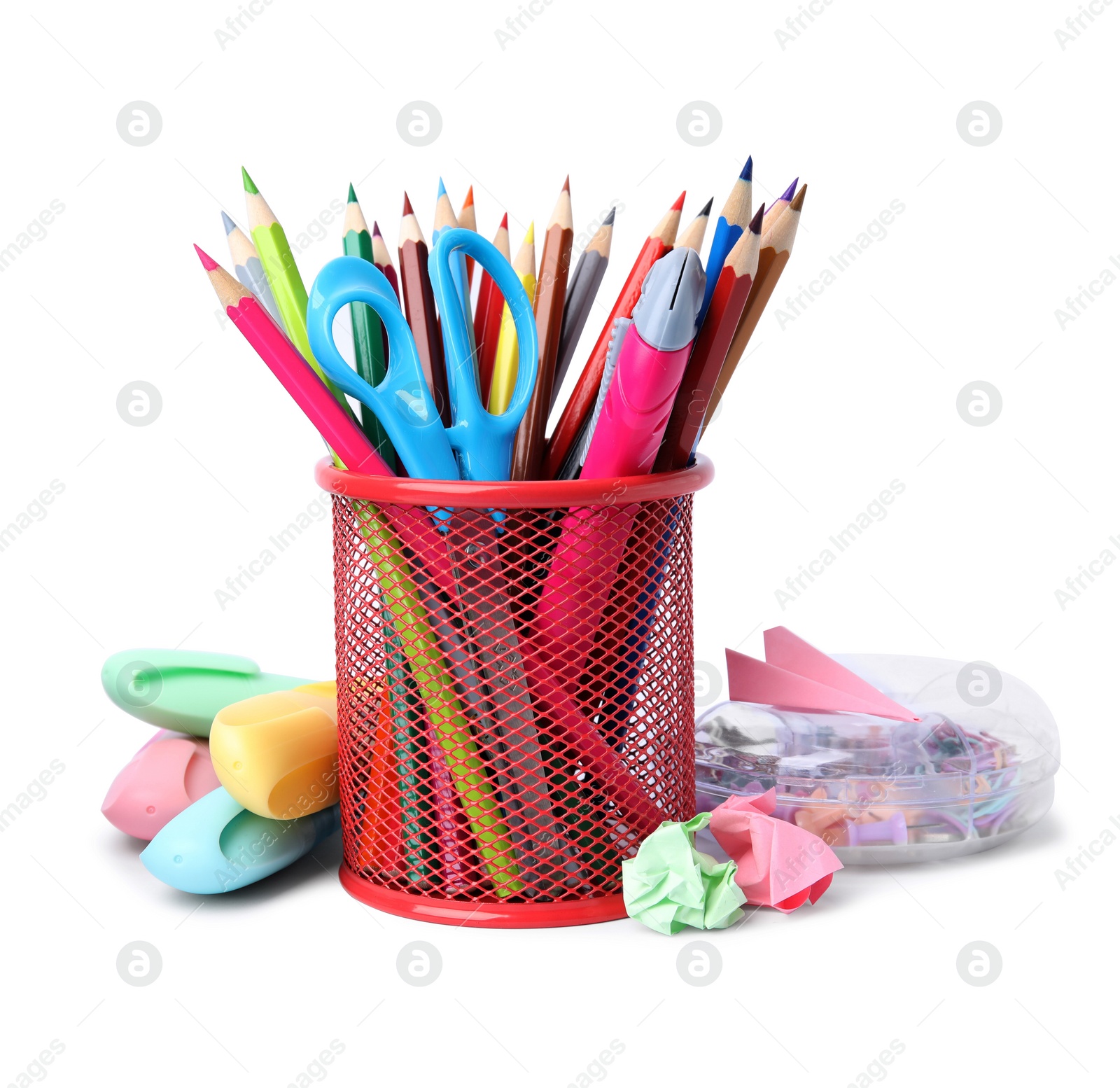 Photo of Many different school stationery on white background