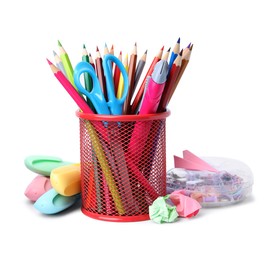 Many different school stationery on white background