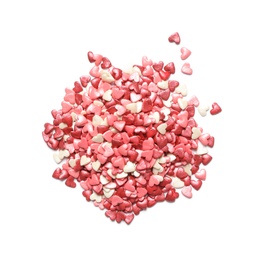 Photo of pile of sweet candy hearts on white background, top view