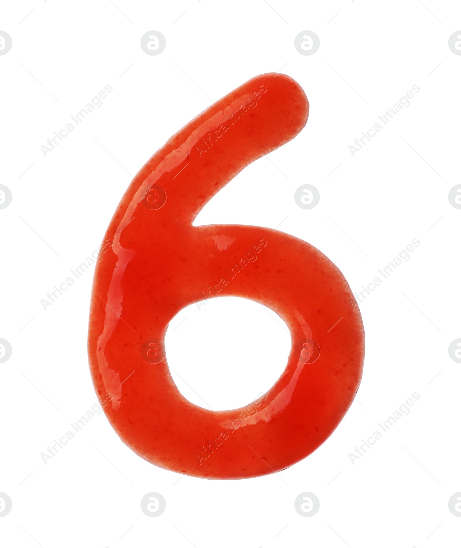 Photo of Number 6 written with red sauce on white background