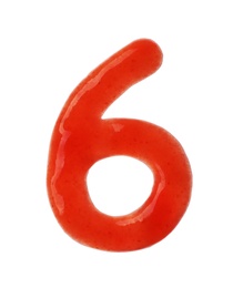 Number 6 written with red sauce on white background