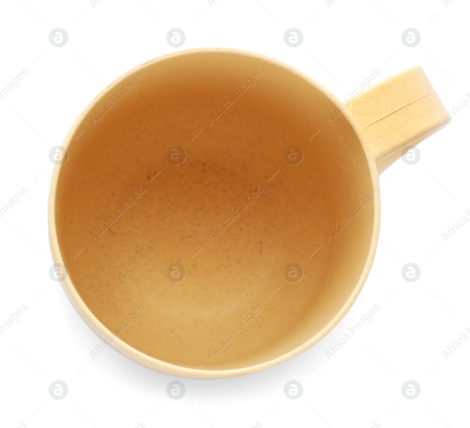 Photo of Plastic baby cup isolated on white, top view