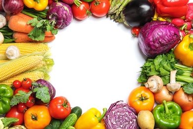 Assortment of fresh vegetables on white background, top view. Space for text